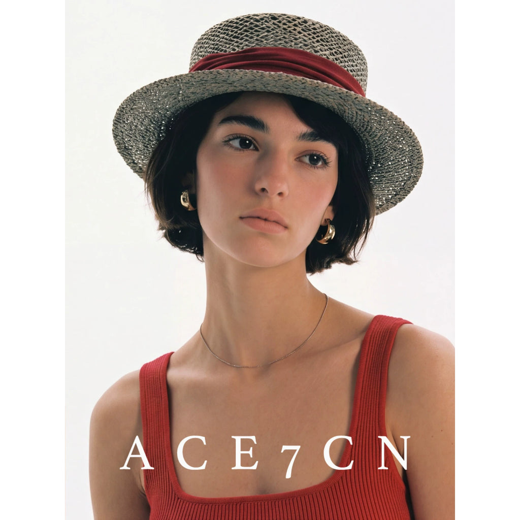 Ribbon-Trim Seagrass Flat-Top Boater — ACE7CN