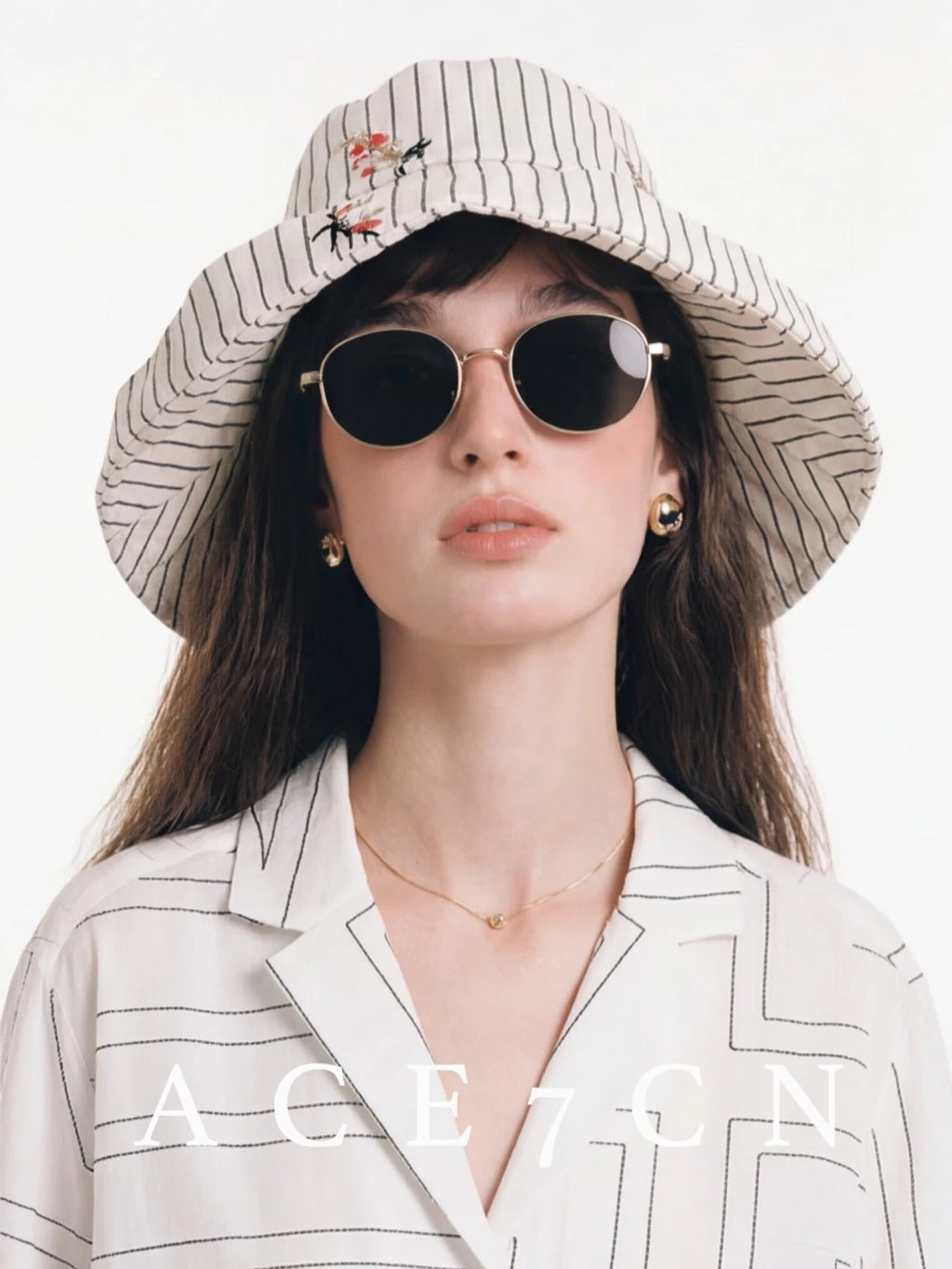 Embroidered Striped Wide-Brim Bucket Hat — ACE7CN