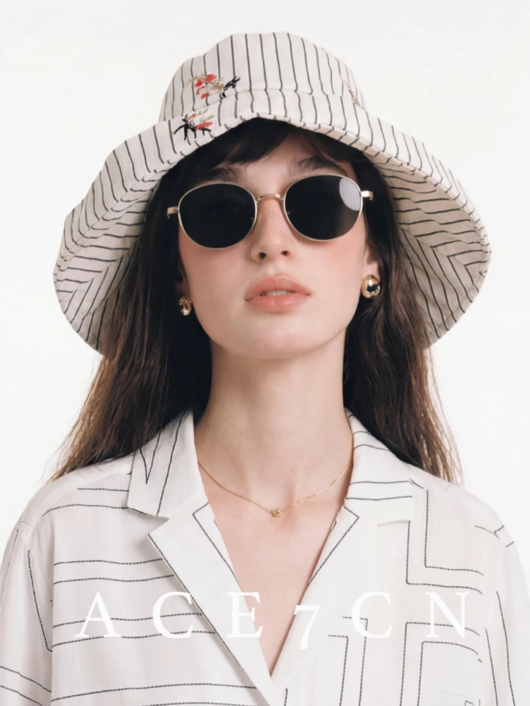 Embroidered Striped Wide-Brim Bucket Hat — ACE7CN