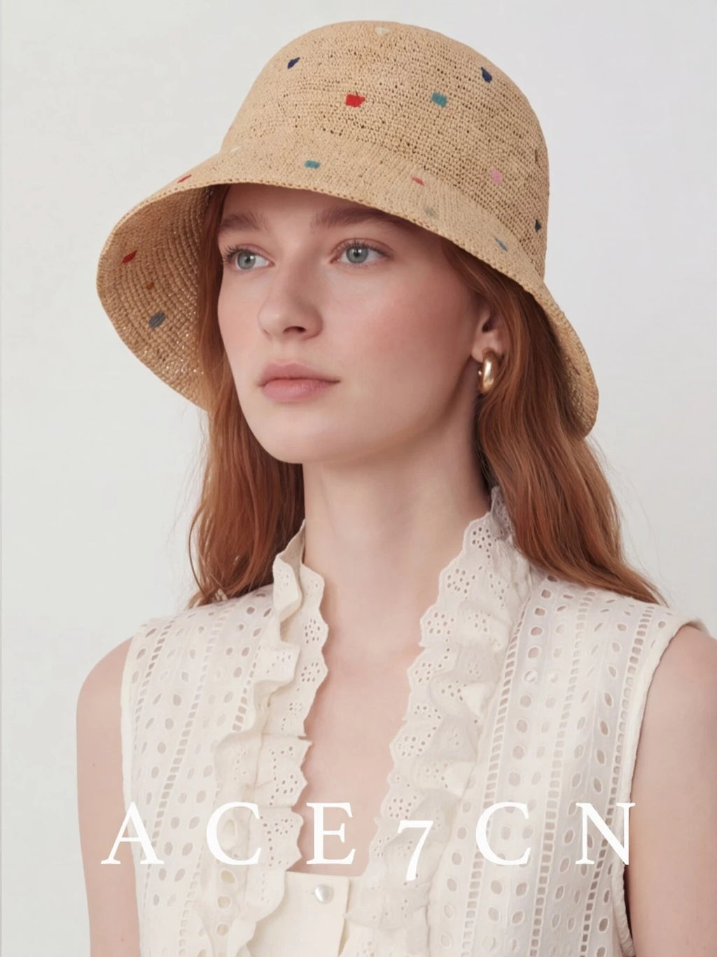Embroidered Multi-Dot Raffia Bucket Hat — ACE7CN