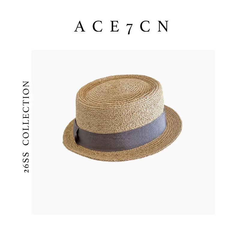 Short-Brim Straw Flat-Top Boater — ACE7CN