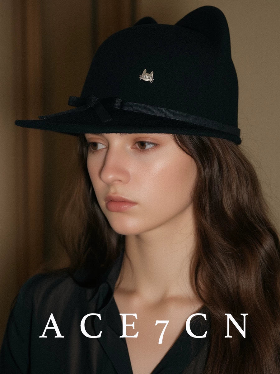 Ribbon-Trim Cat-Ear Wool Equestrian Cap — ACE7CN