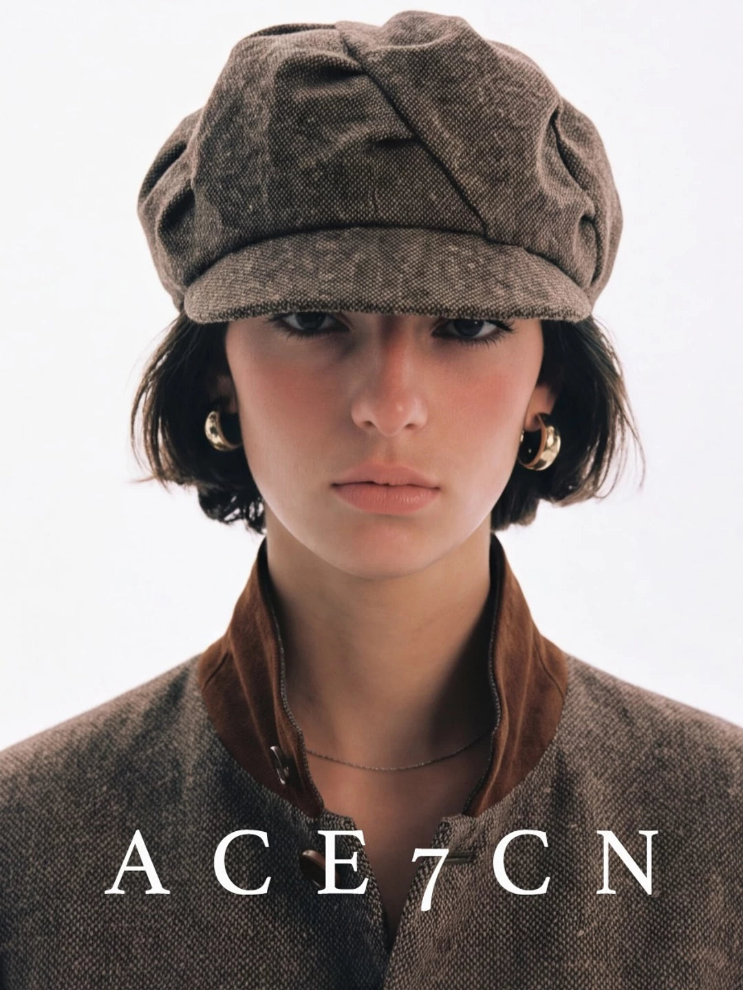 Twisted-Pleat Wool Tweed Newsboy Cap — ACE7CN