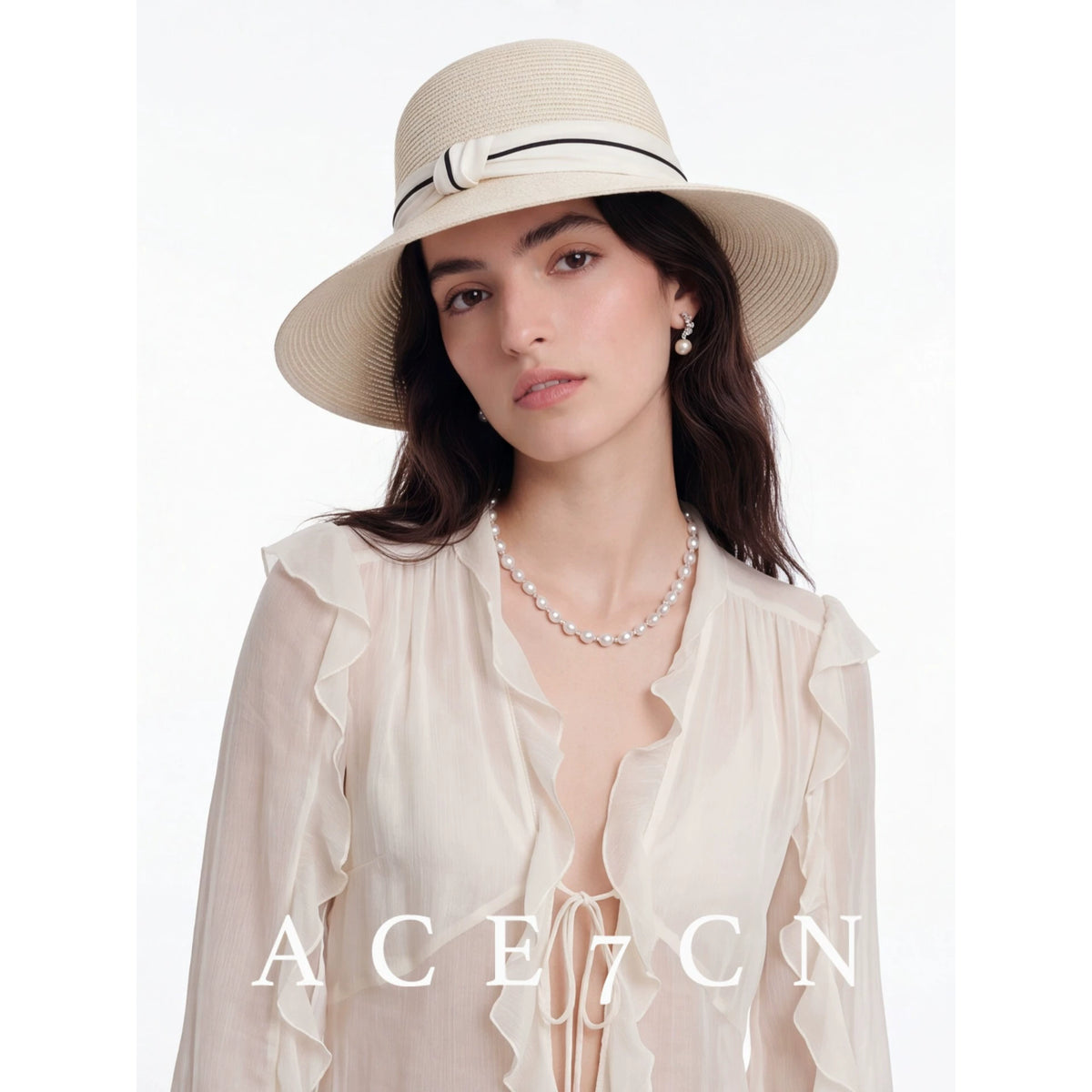 Ribbon-Trim Wide-Brim Straw Bucket Hat — ACE7CN