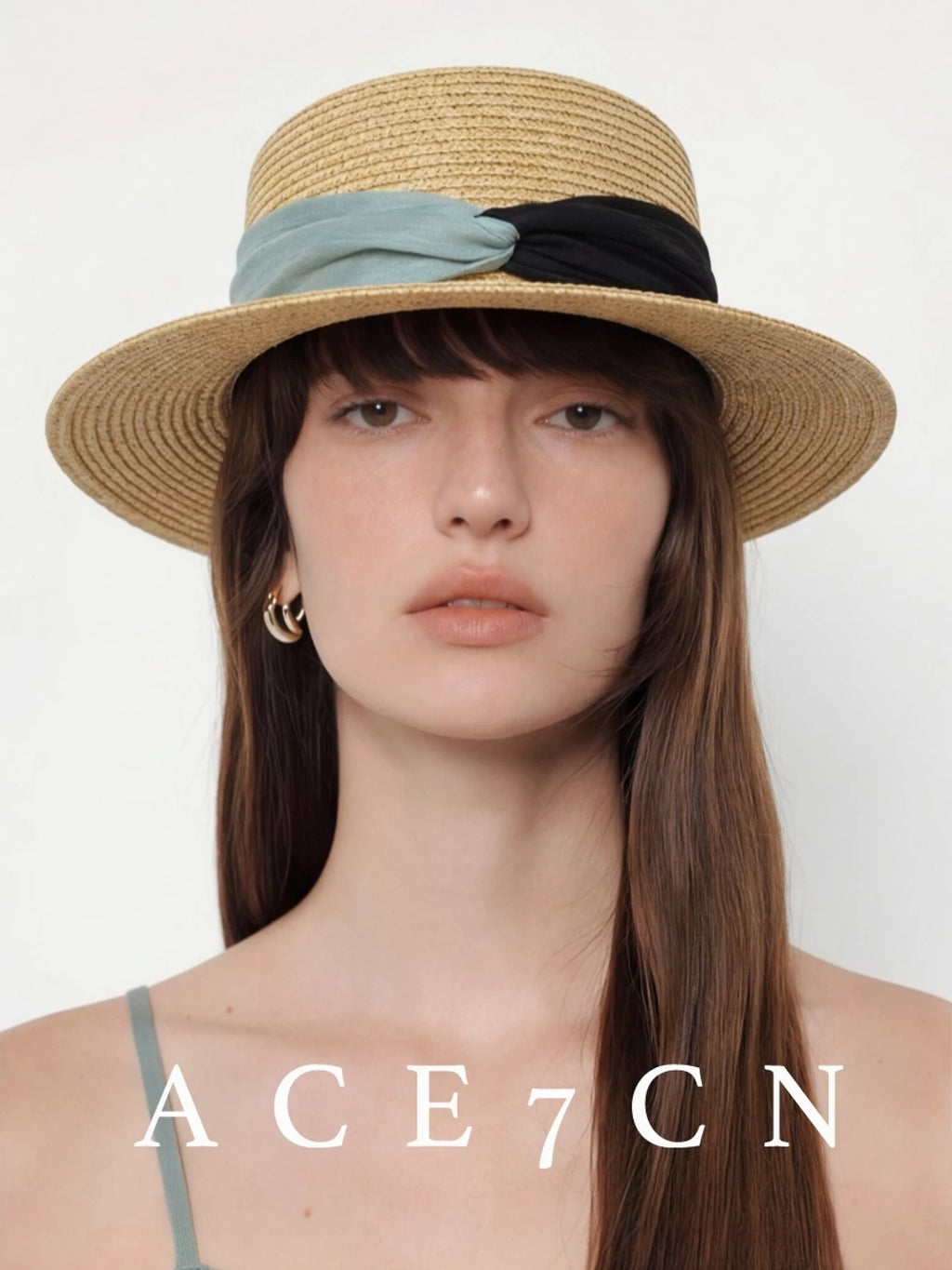 Contrast Ribbon Flat-Top Straw Boater — ACE7CN