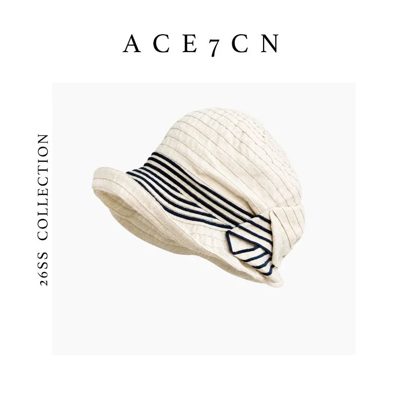 Bow-Detail Color-Block Striped Bucket Hat — ACE7CN
