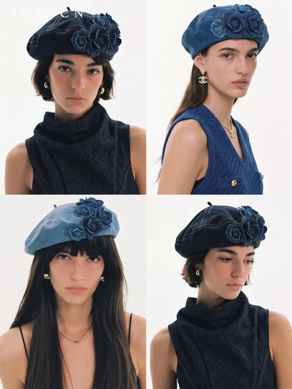 Floral Washed-Denim Painter Beret — ACE7CN