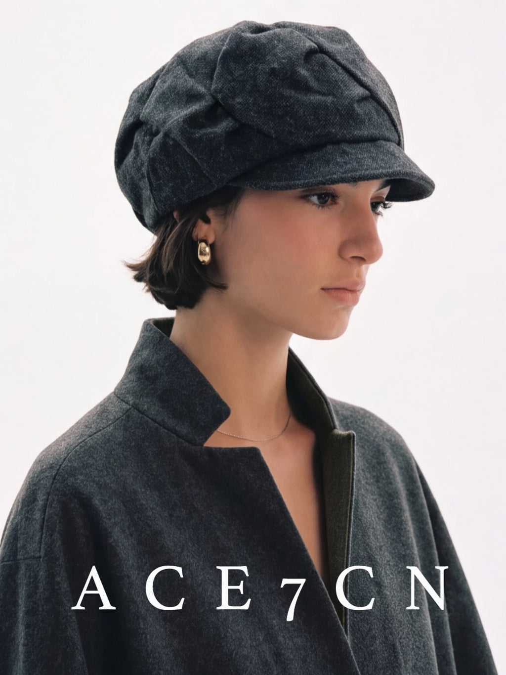 Twisted-Pleat Wool Tweed Newsboy Cap — ACE7CN