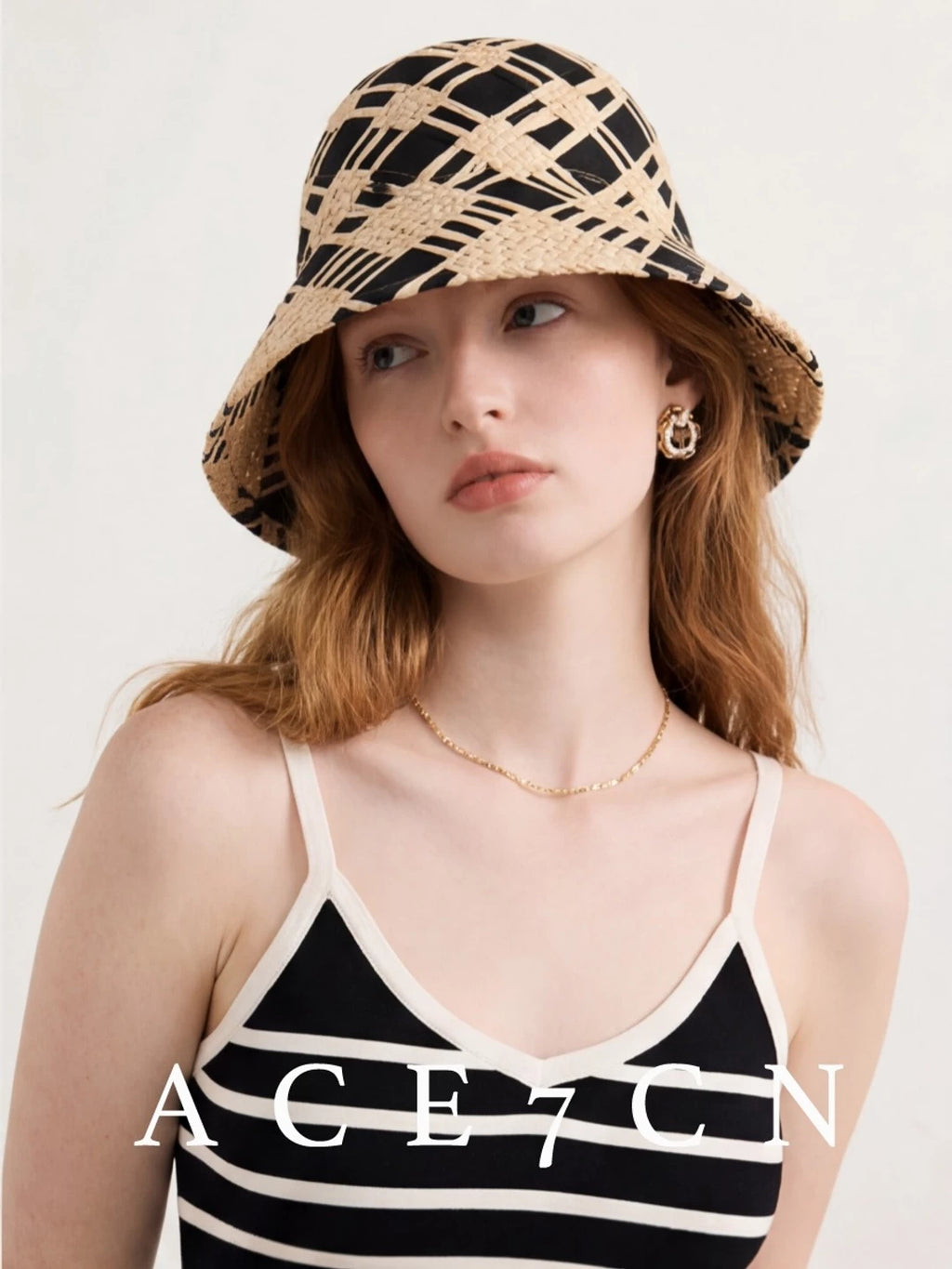 Plaid Color-Block Raffia Lampshade Hat — ACE7CN