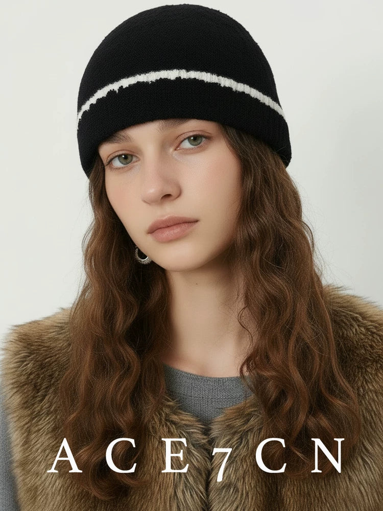 Italian Minimalist Knit Beanie Color-Block Cable-Knit Knit Beanie