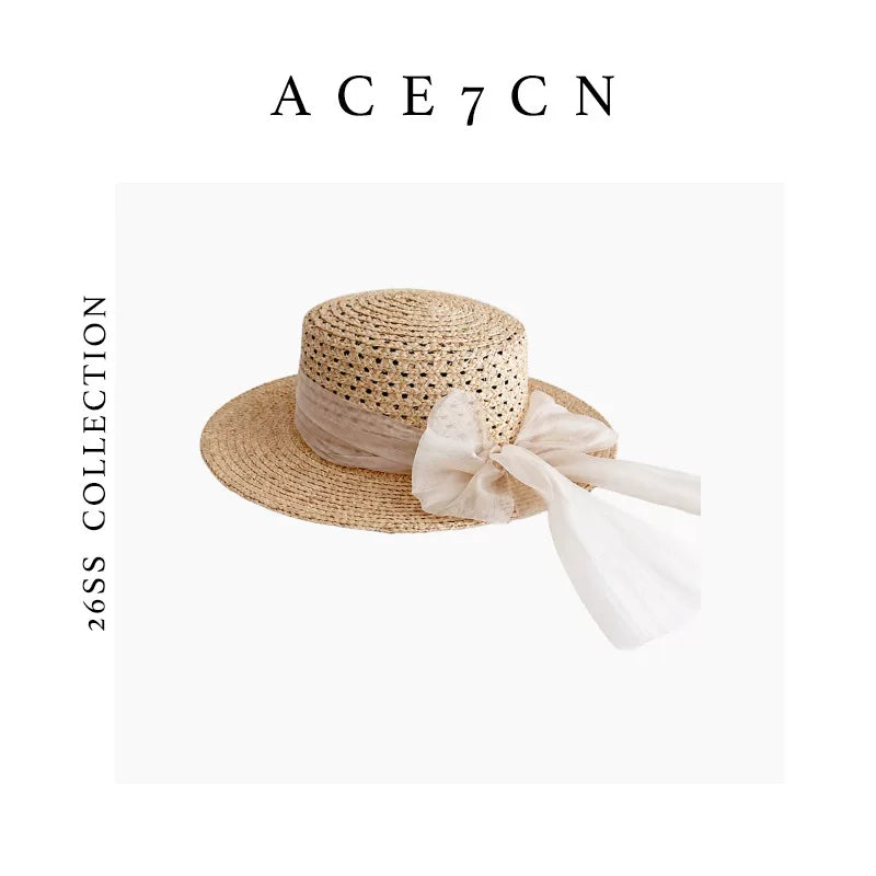 Openwork Raffia Flat-Top Boater — ACE7CN