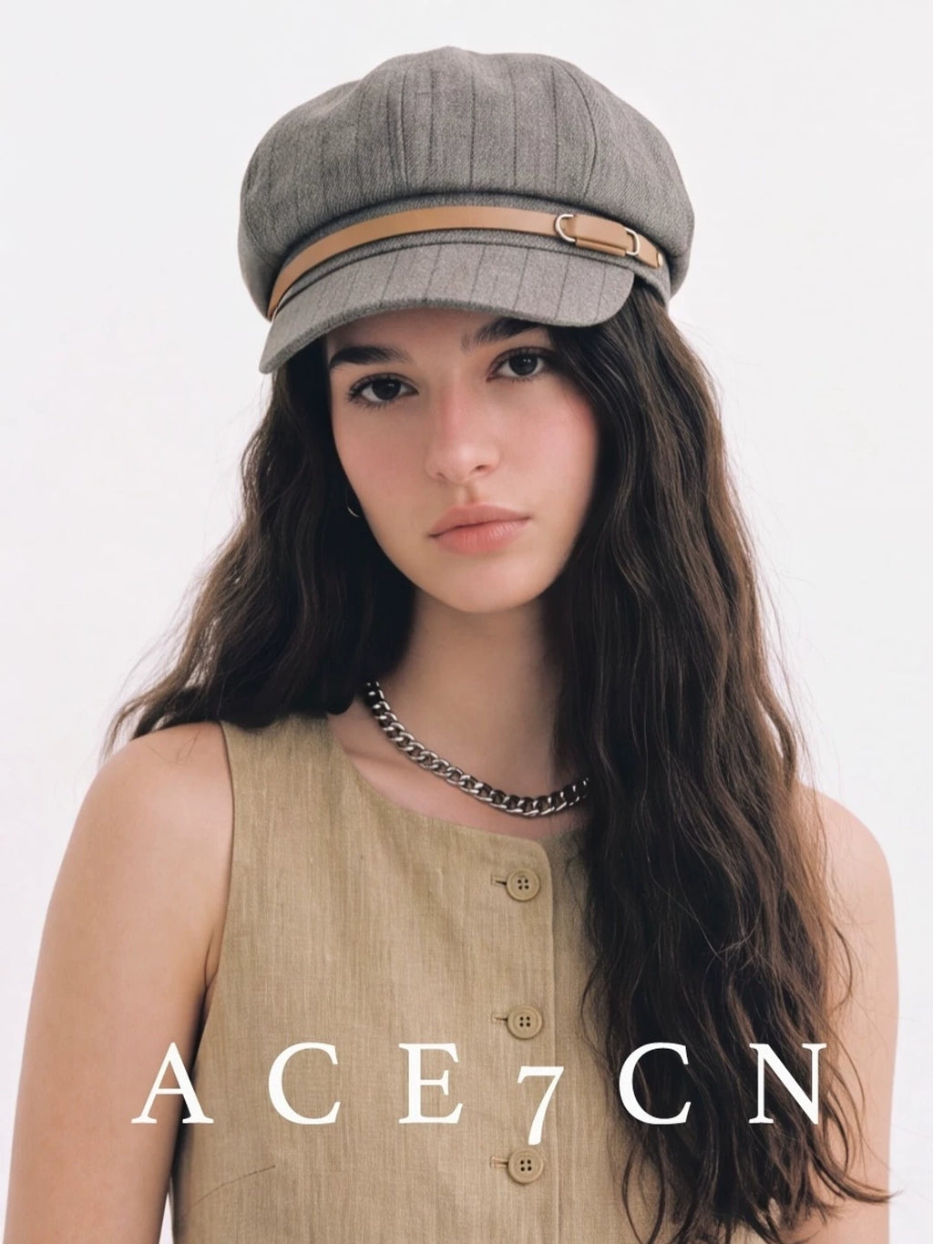 Leather-Buckle Striped Newsboy Cap — ACE7CN