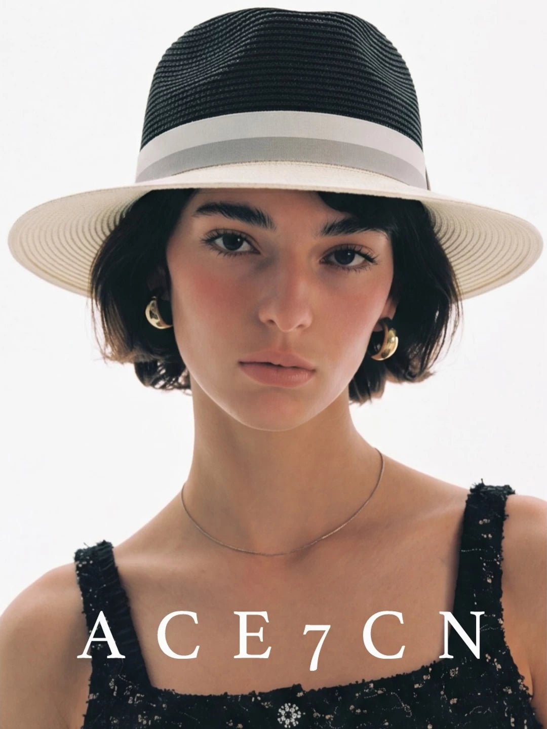 Color-Block Wide-Brim Straw Fedora — ACE7CN
