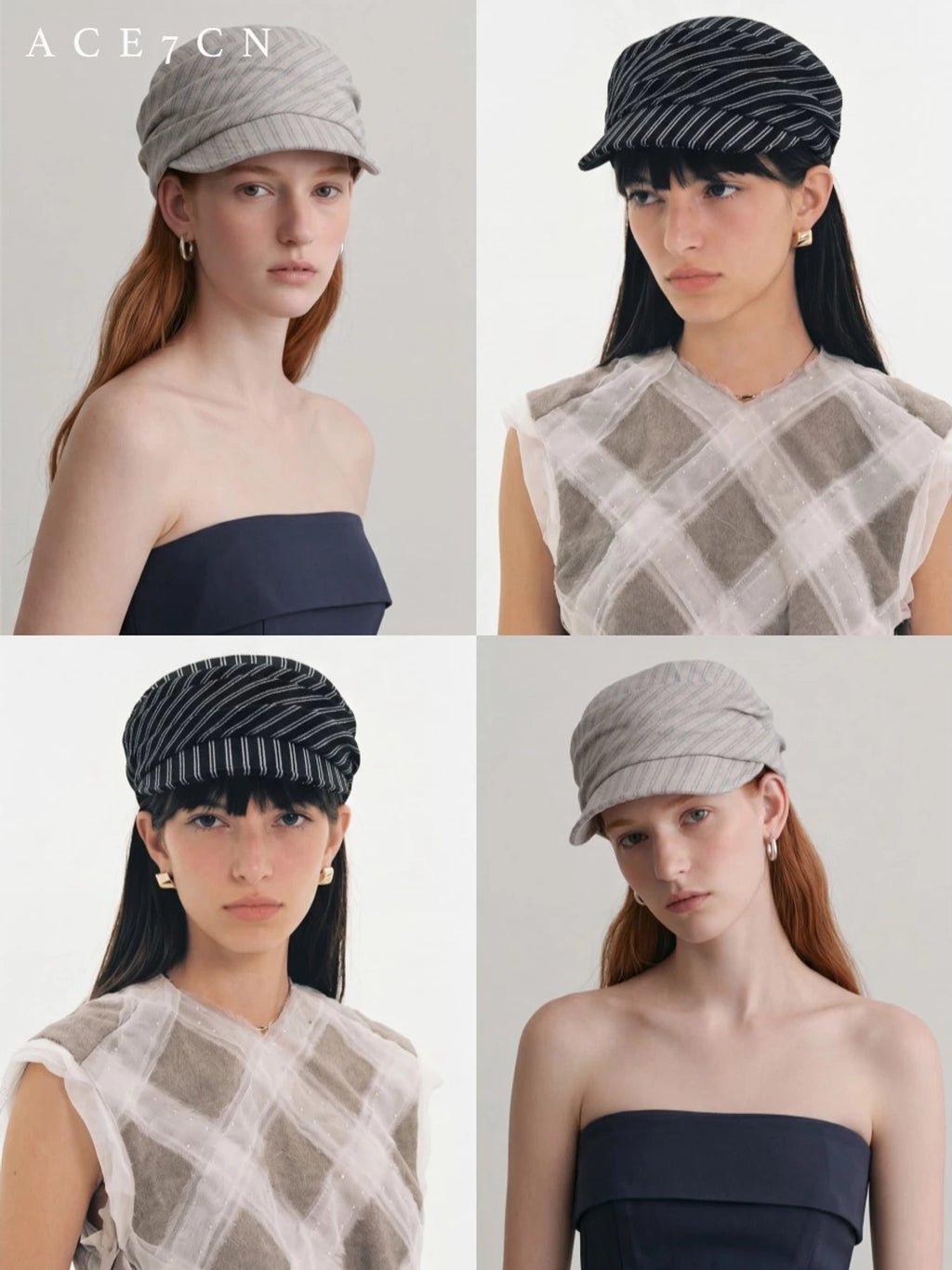 Pleated Striped Cotton-Linen Newsboy Cap — ACE7CN