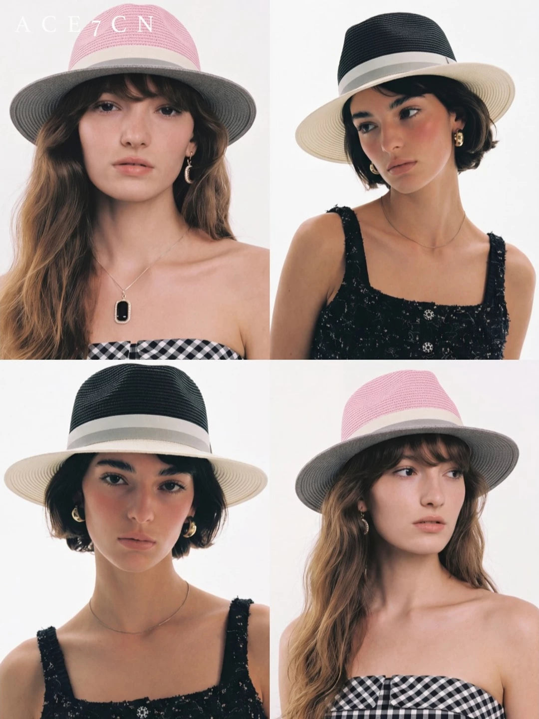 Color-Block Wide-Brim Straw Fedora — ACE7CN