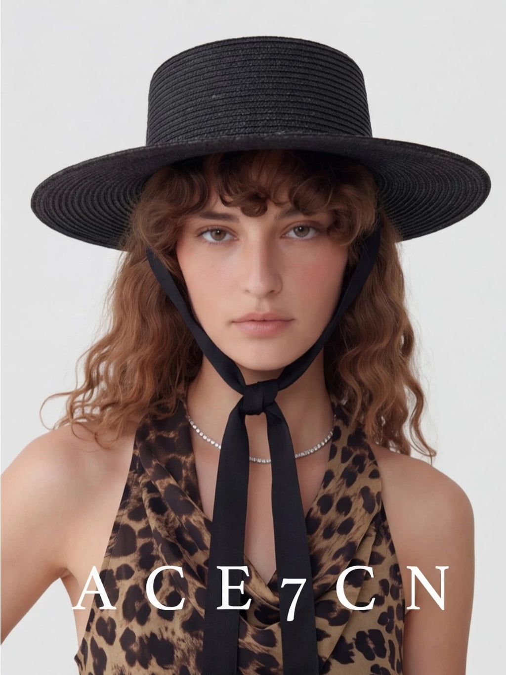 Black Tie-Strap Wide-Brim Straw Fedora — ACE7CN