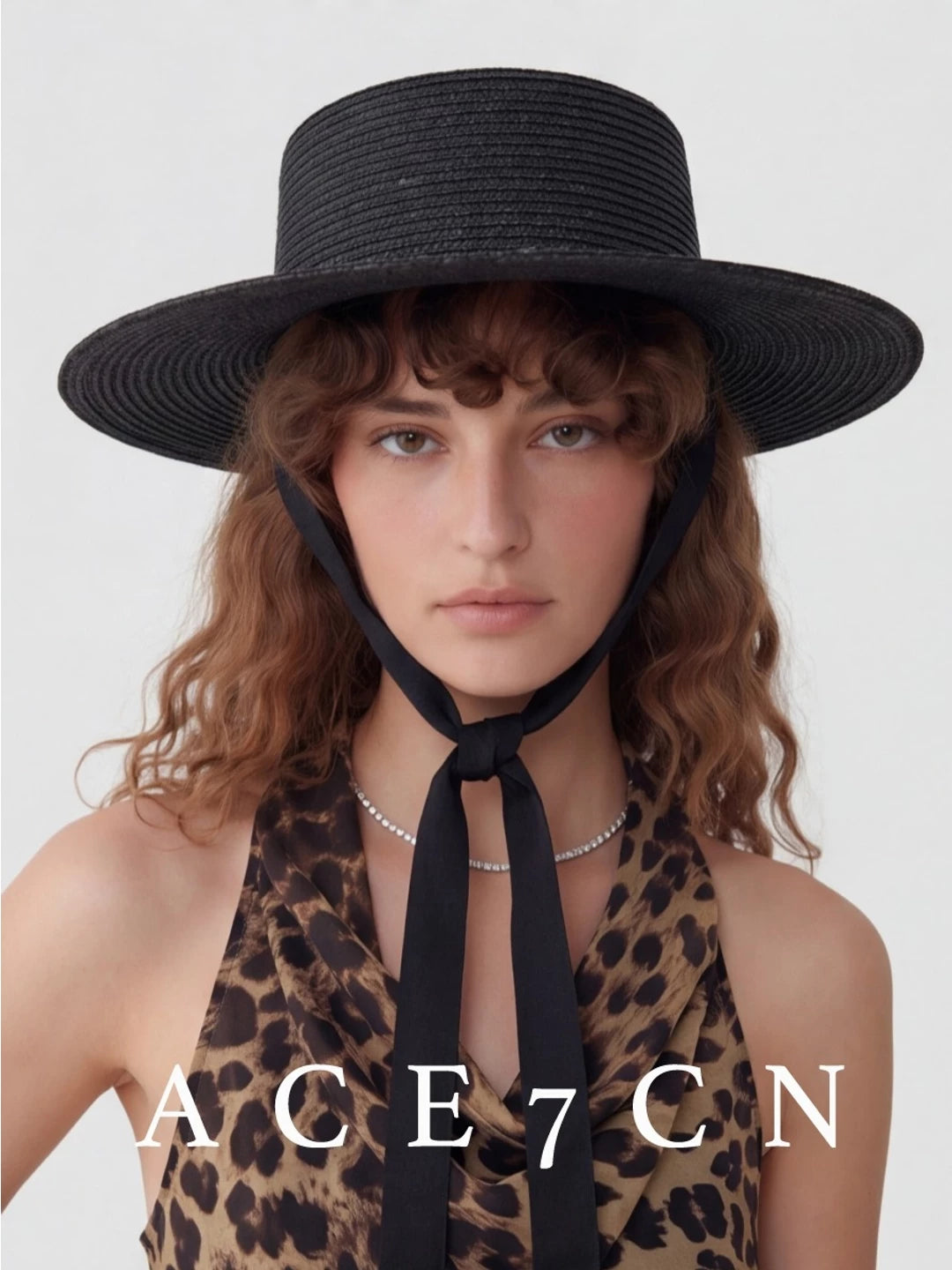 Black Tie-Strap Wide-Brim Straw Fedora — ACE7CN