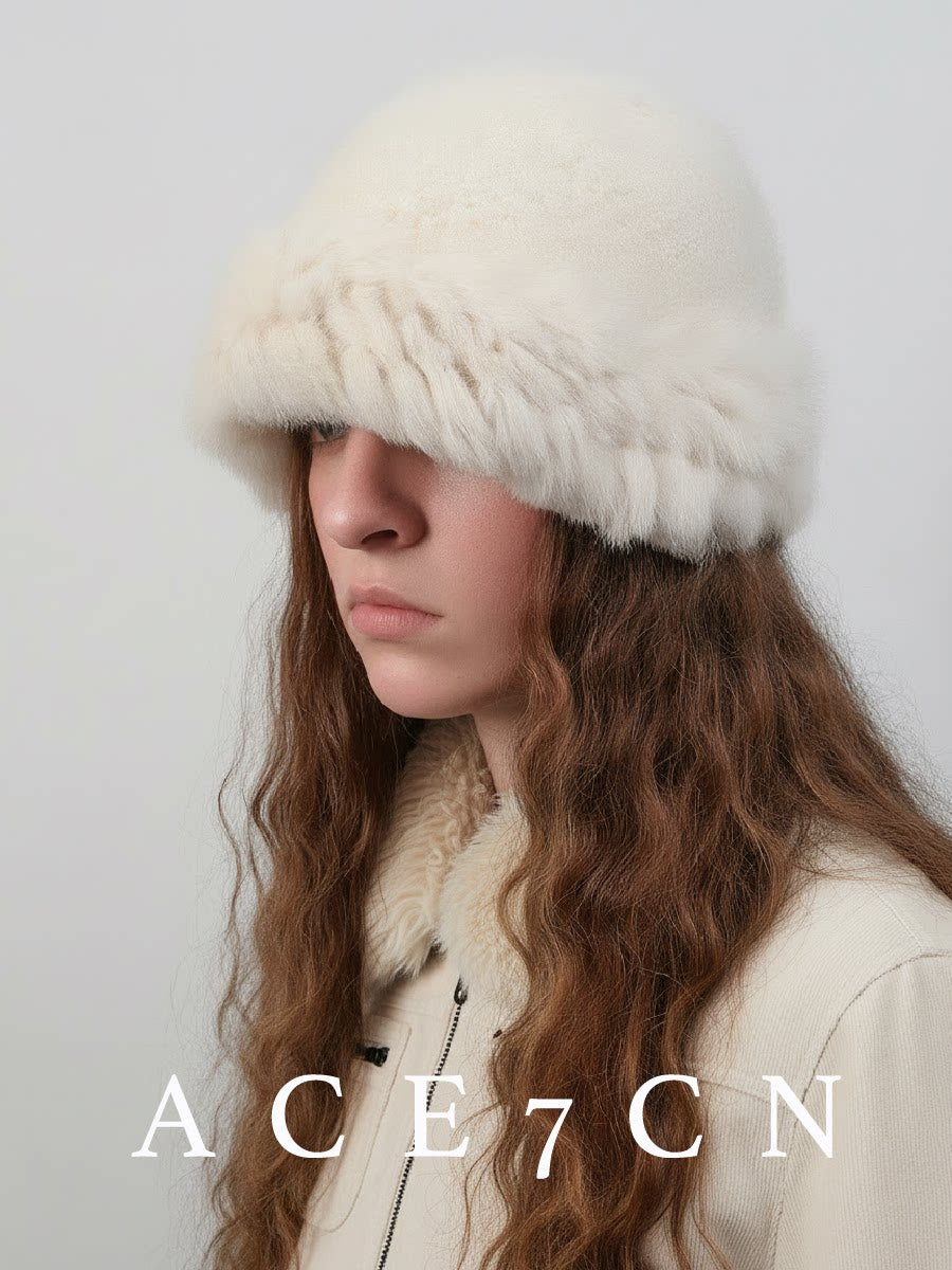 Woven Rabbit-Fur White Snow Hat Korean Rabbit-Fur Vintage