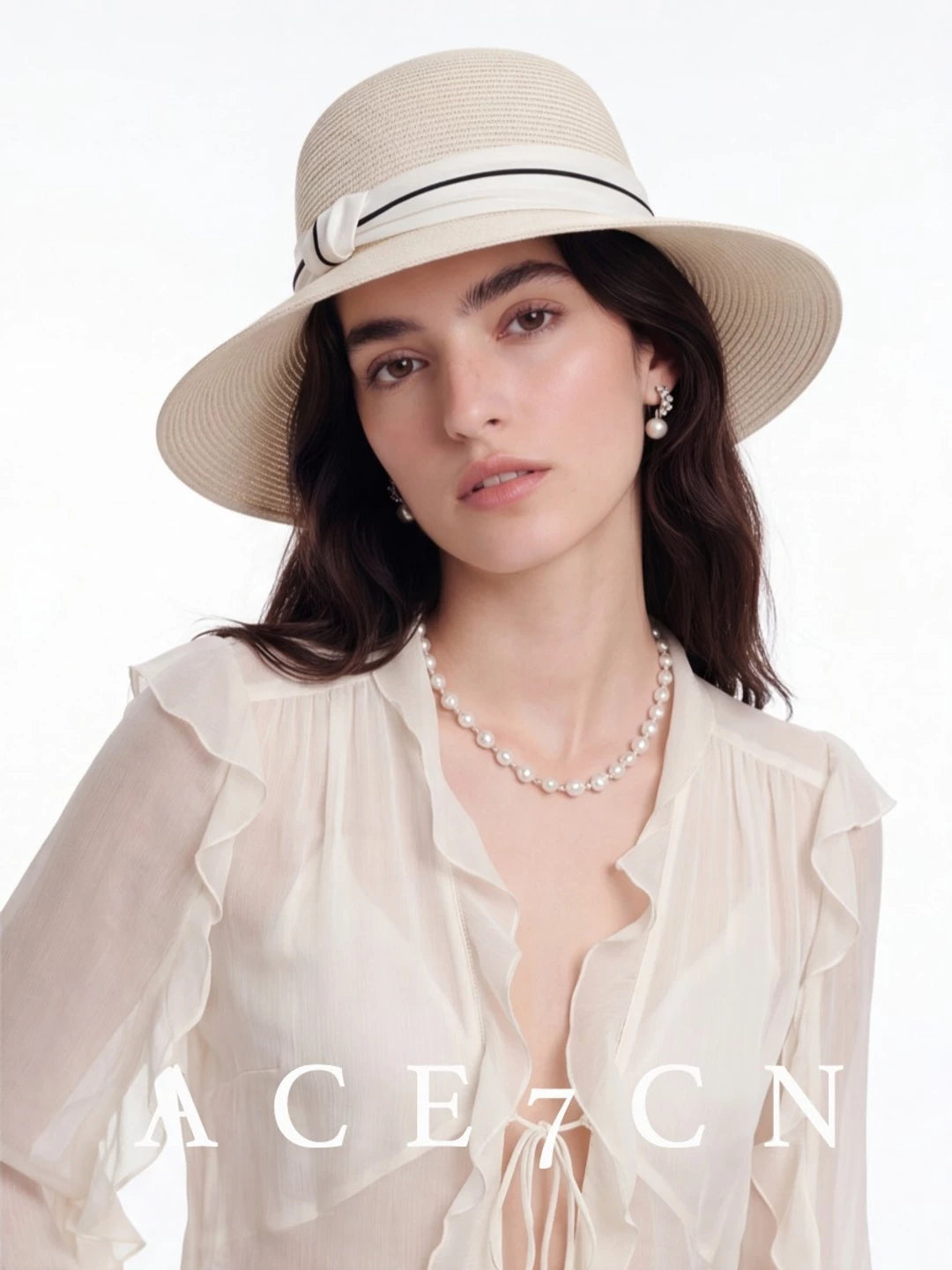 Ribbon-Trim Wide-Brim Straw Bucket Hat — ACE7CN