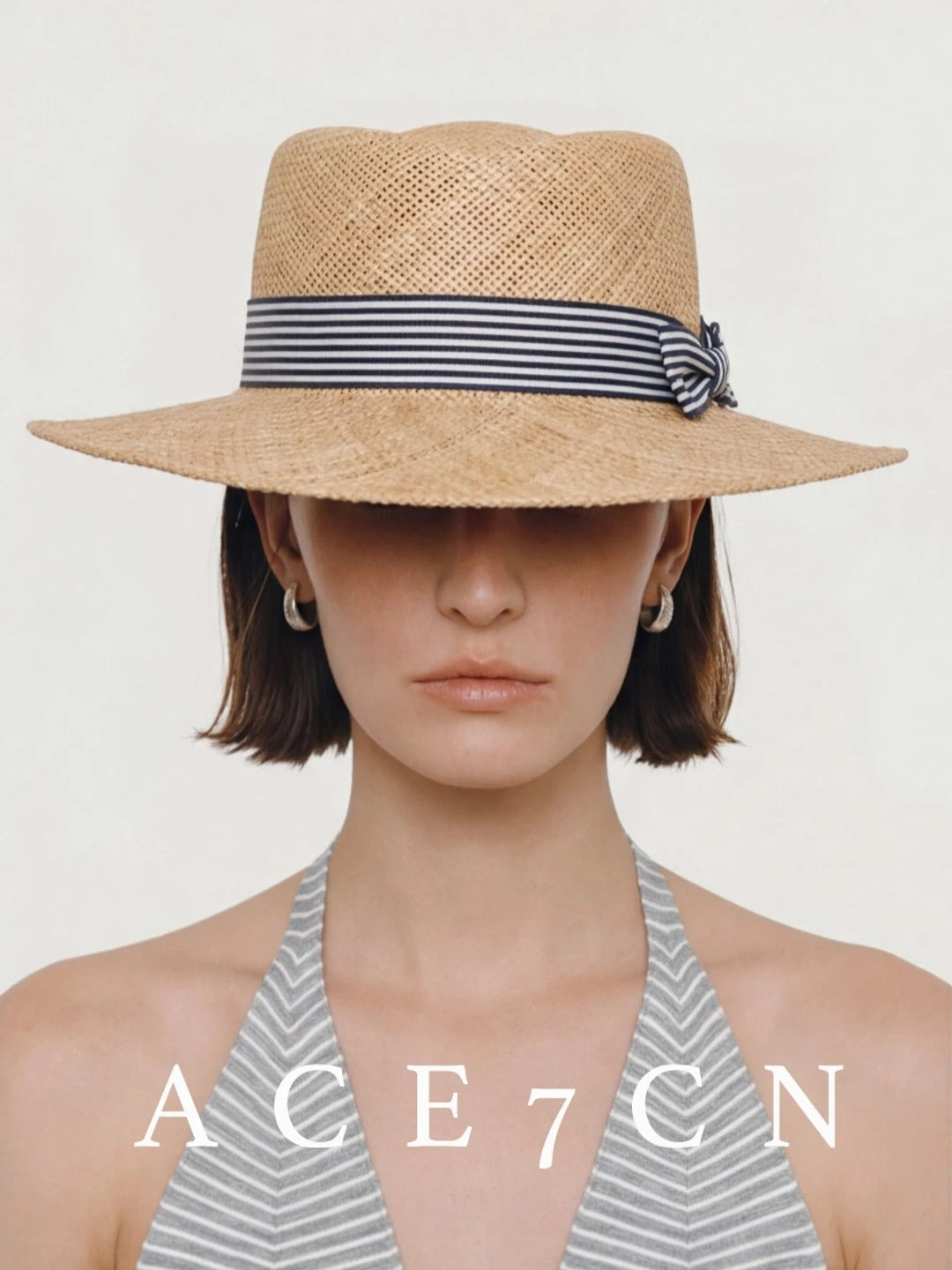 Plaid-Bow Woven Straw Fedora — ACE7CN