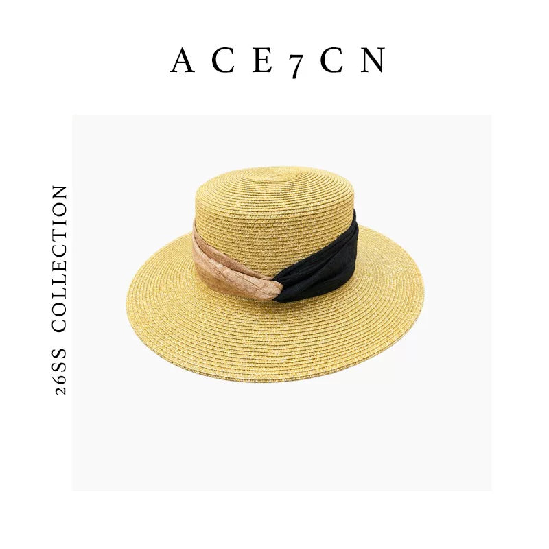 Contrast Ribbon Flat-Top Straw Boater — ACE7CN
