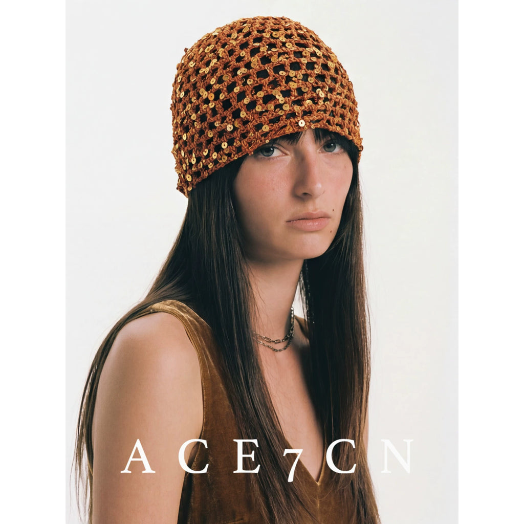 Glossy-Trim Openwork Crochet Hat — ACE7CN