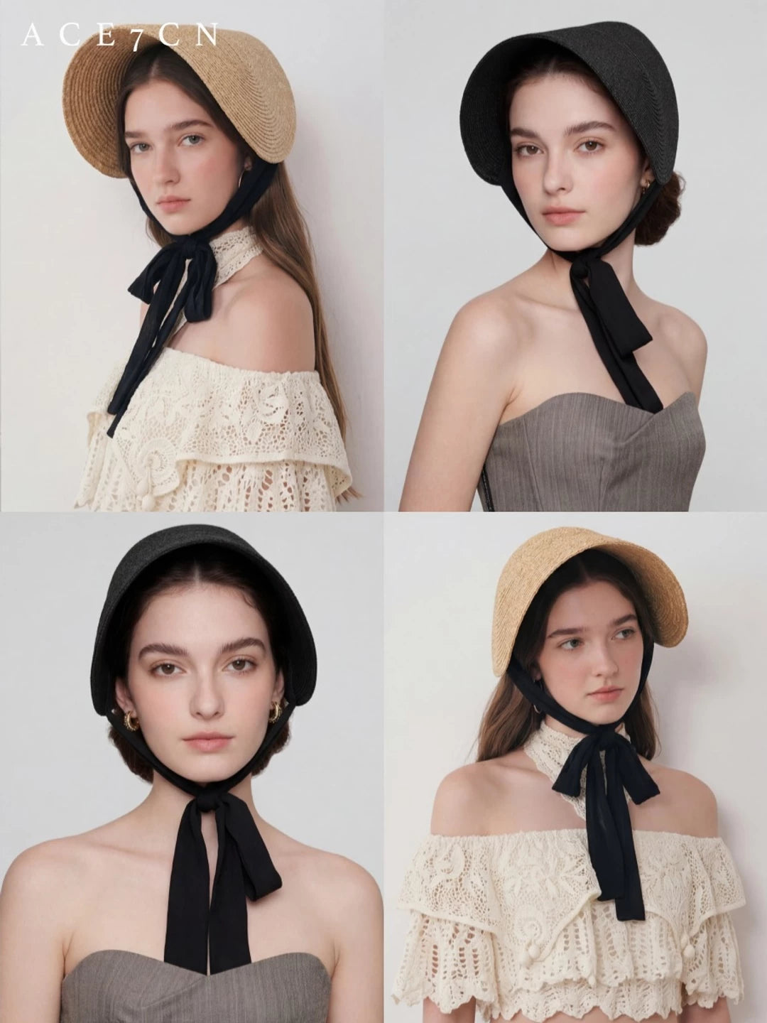 Tie-Strap One-Piece Wheat-Straw Hat — ACE7CN