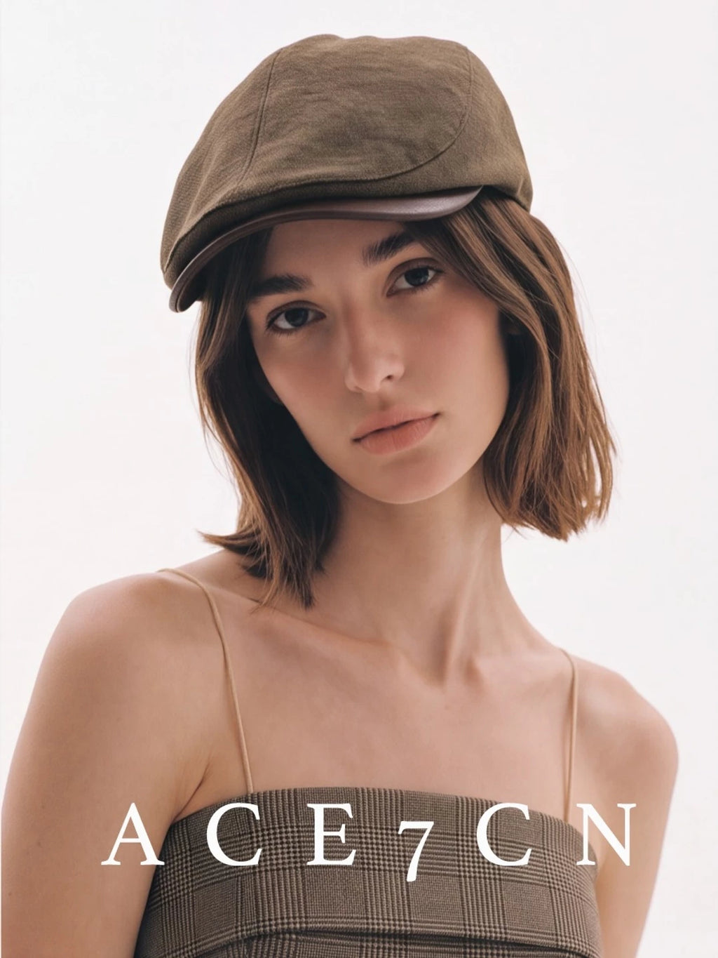 Leather-Peak Fabric Flat Cap — ACE7CN