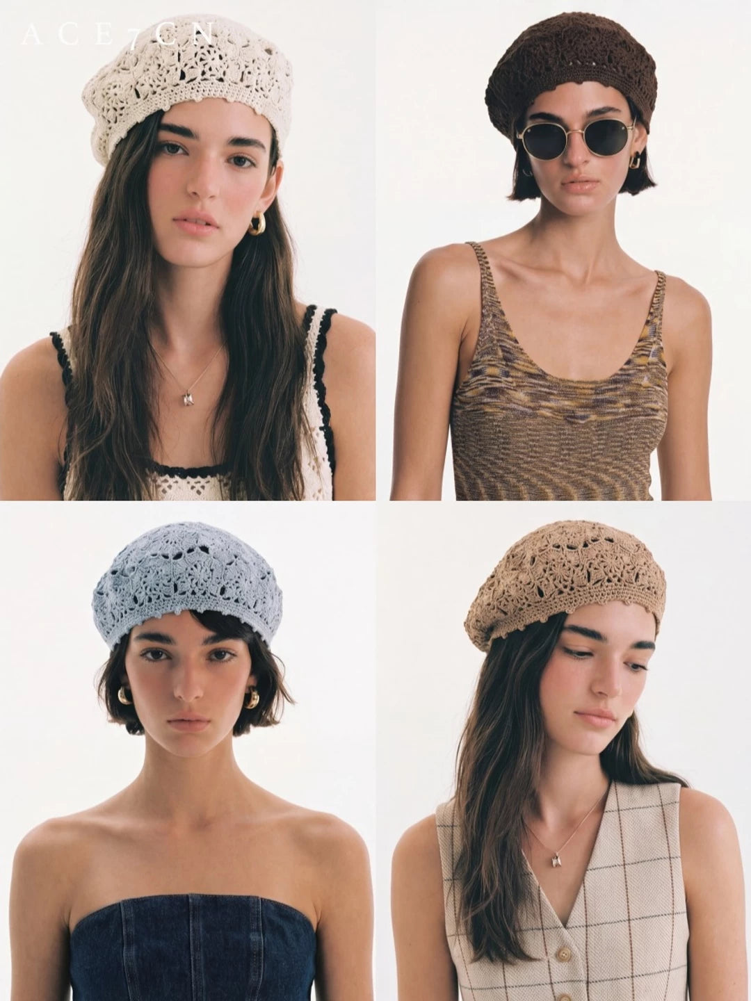 Openwork Crochet Cotton-Linen Beret — ACE7CN