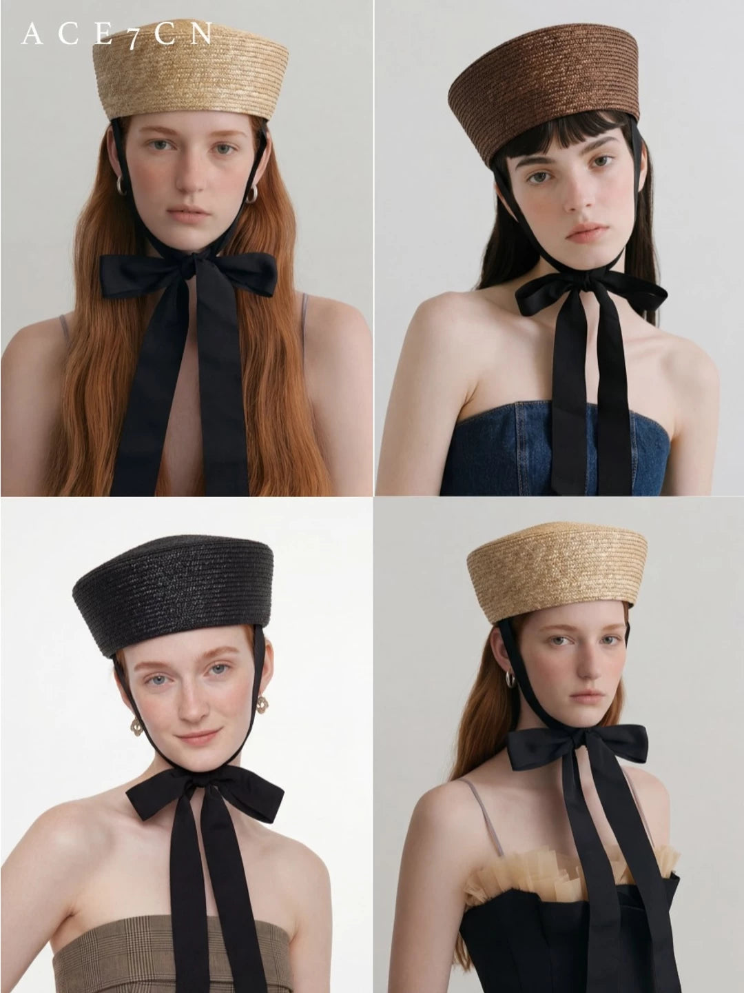 Tie-Strap Wheat-Straw Pillbox Hat — ACE7CN