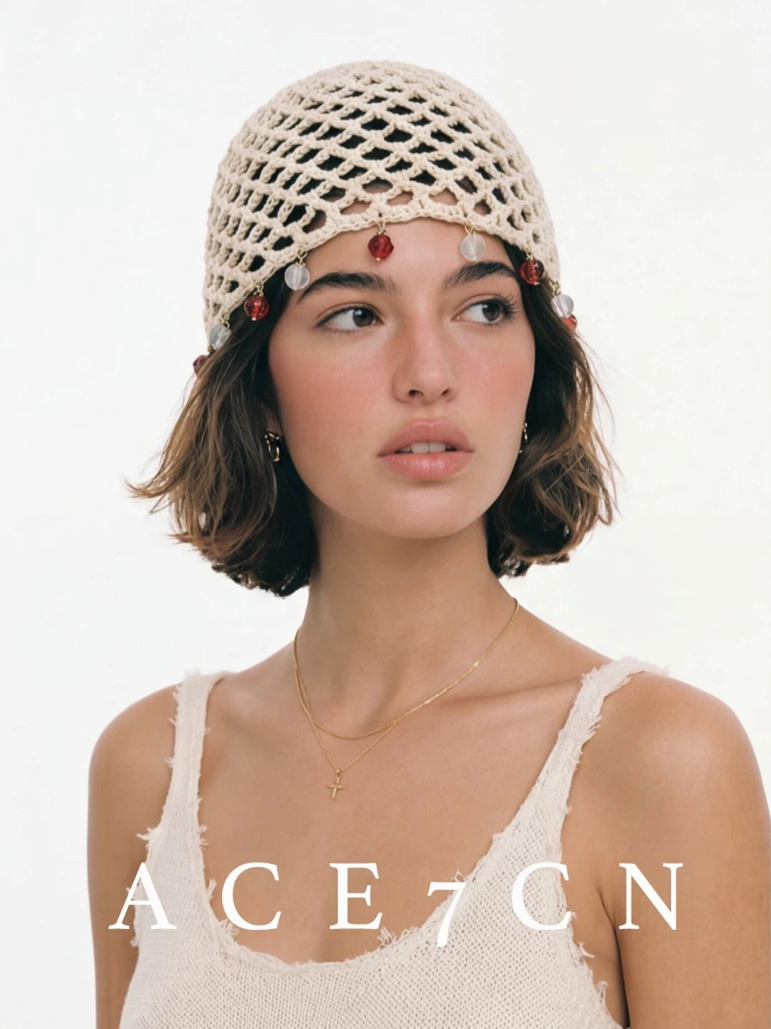 Gem-Pendant Openwork Knit Beanie — ACE7CN