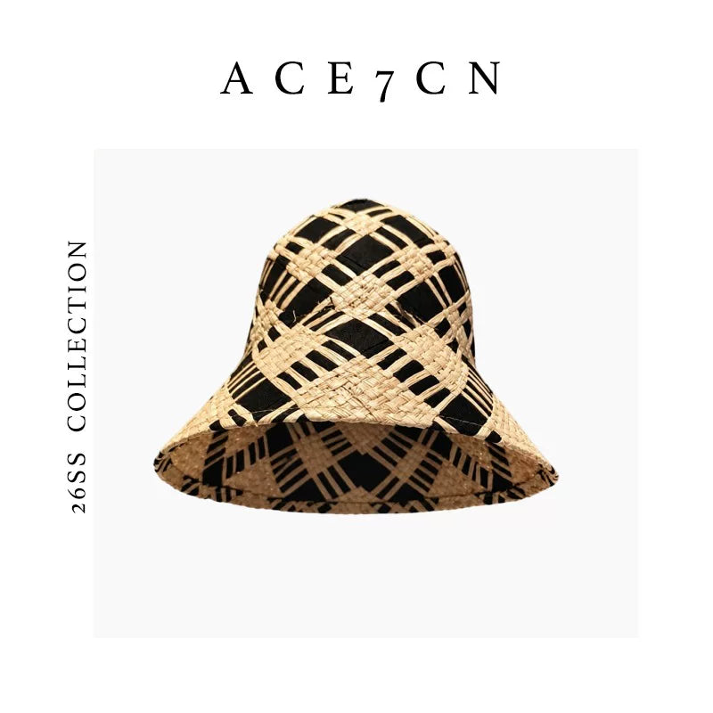 Plaid Color-Block Raffia Lampshade Hat — ACE7CN