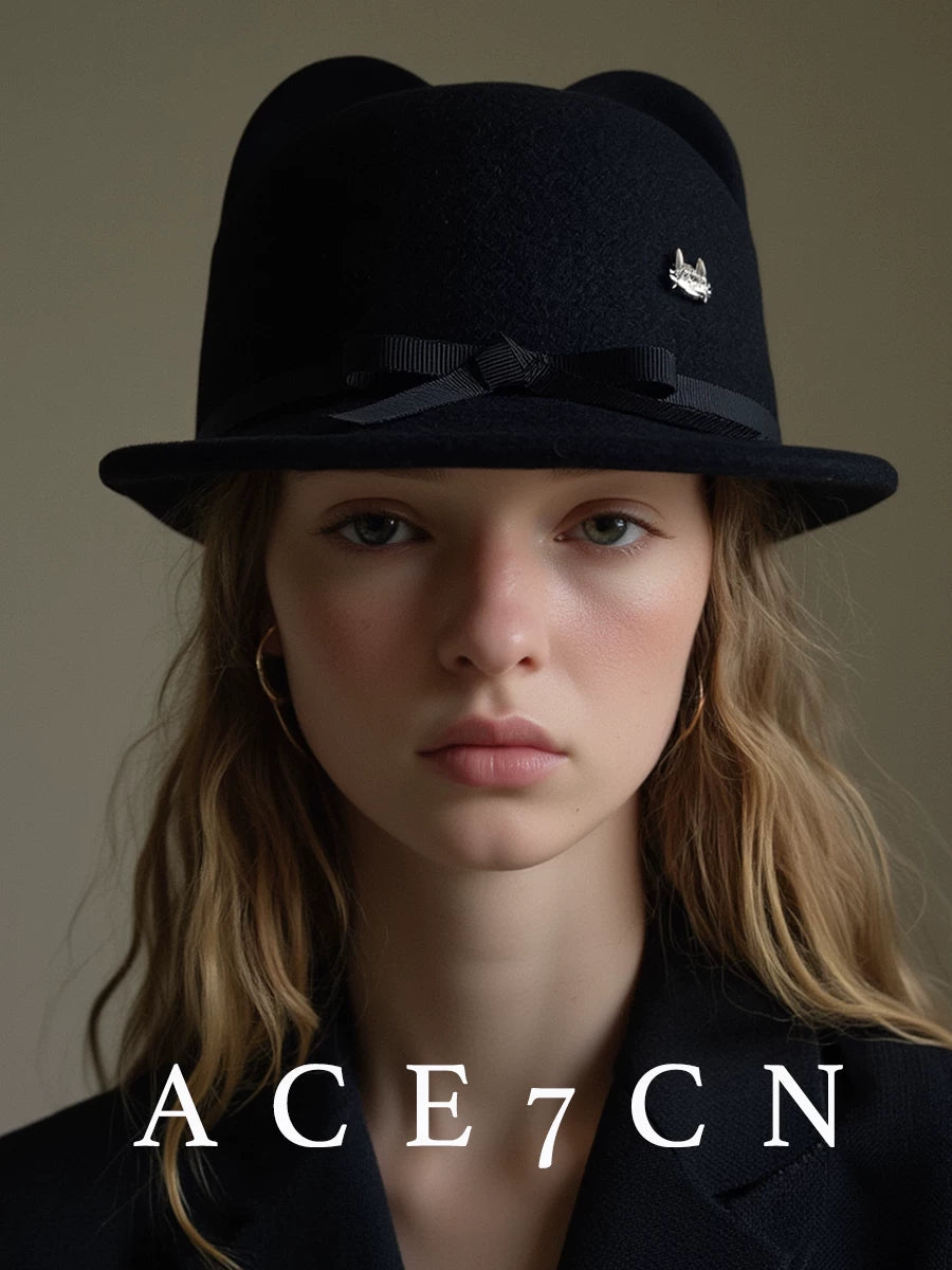 Ribbon-Trim Cat-Ear Wool Equestrian Cap — ACE7CN