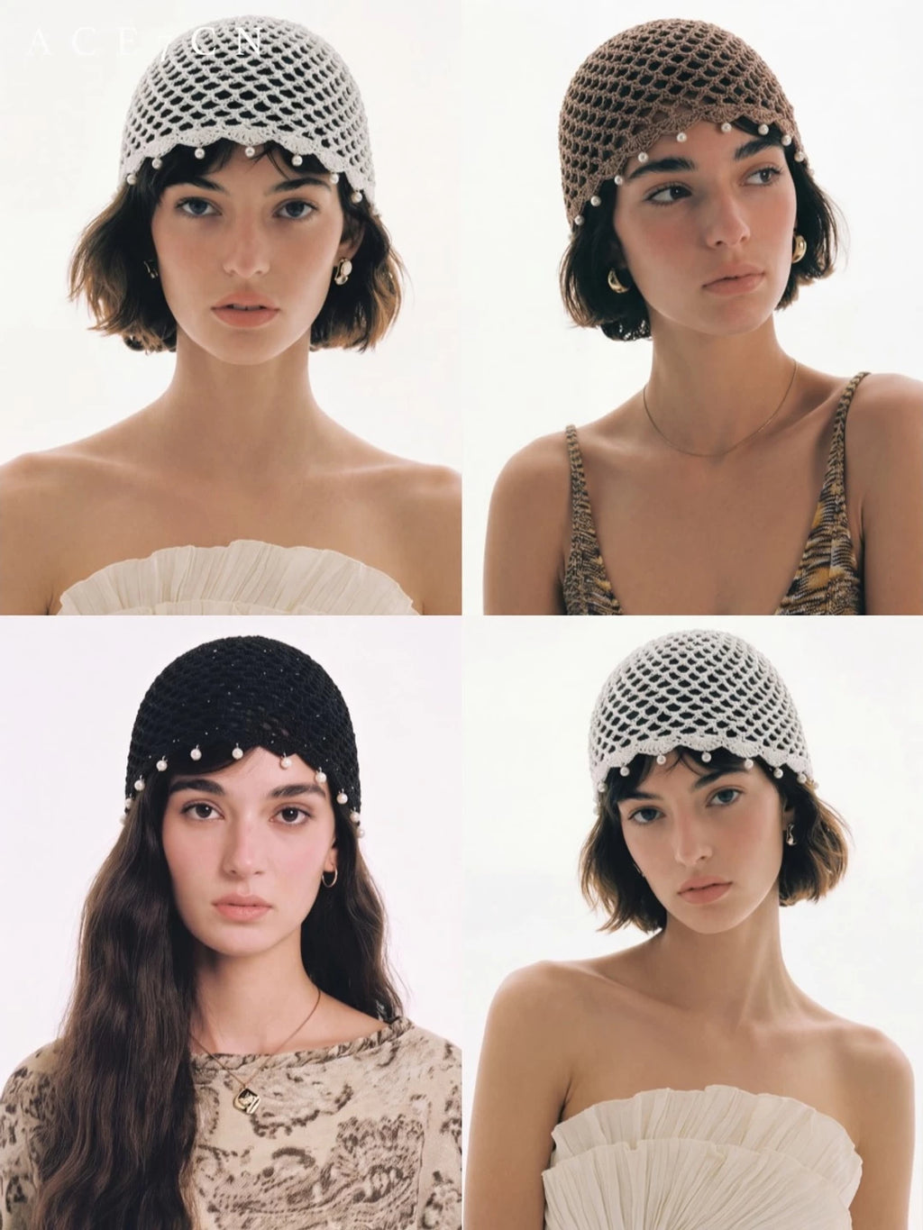 Pearl-Pendant Openwork Crochet Beanie — ACE7CN