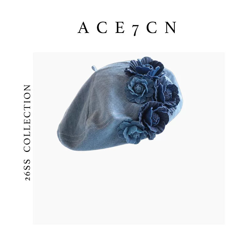 Floral Washed-Denim Painter Beret — ACE7CN