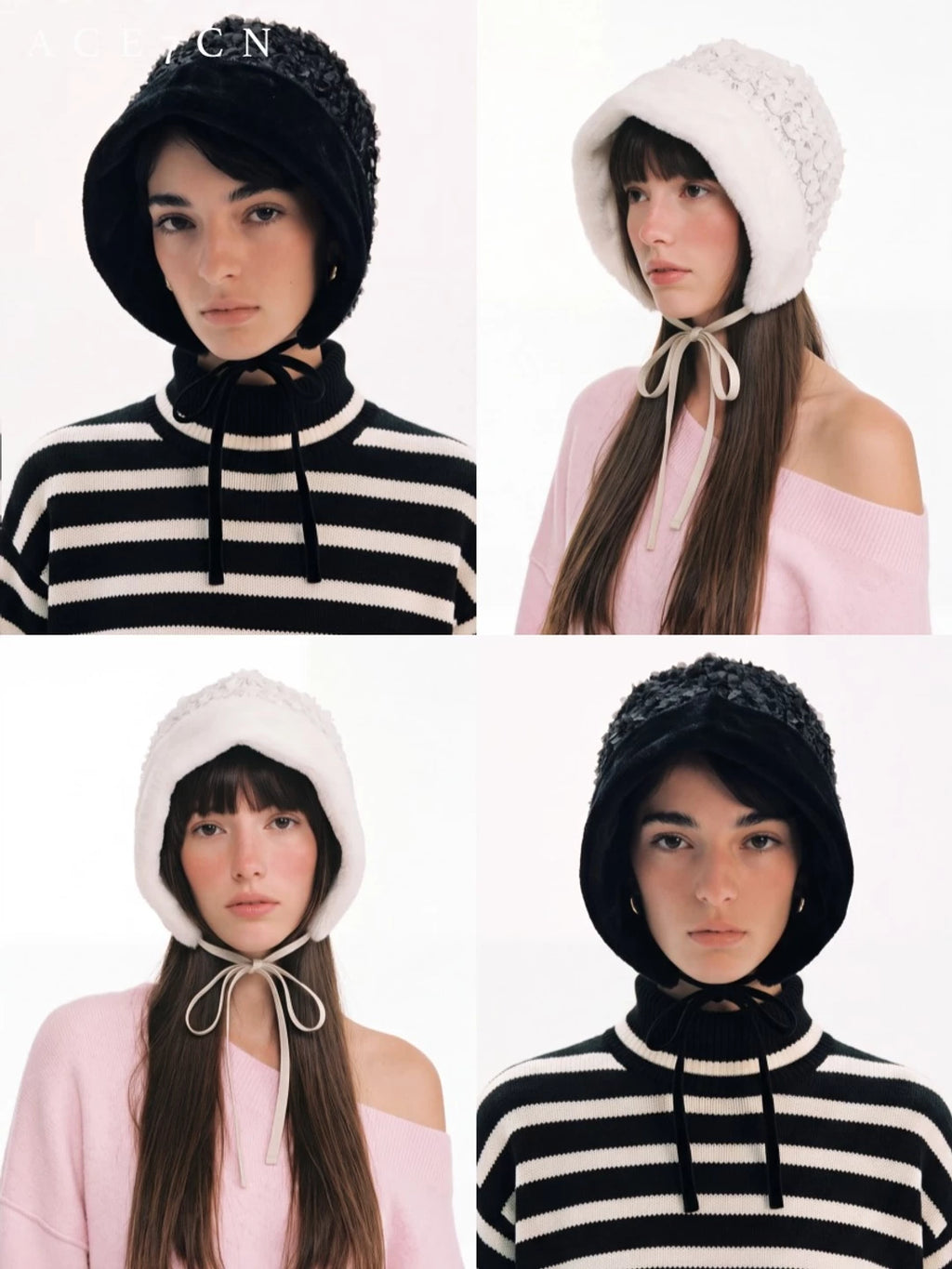 Hepburn French Estate Hat One-Piece Fluffy Tie-Strap Face-Slimming