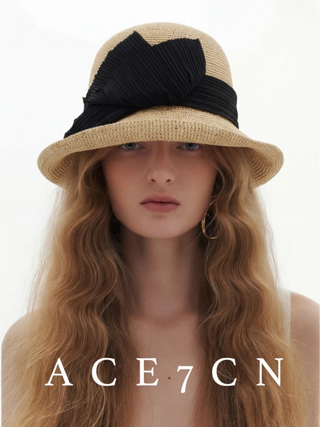 Pleated-Flower Roll-Brim Raffia Bucket Hat — ACE7CN